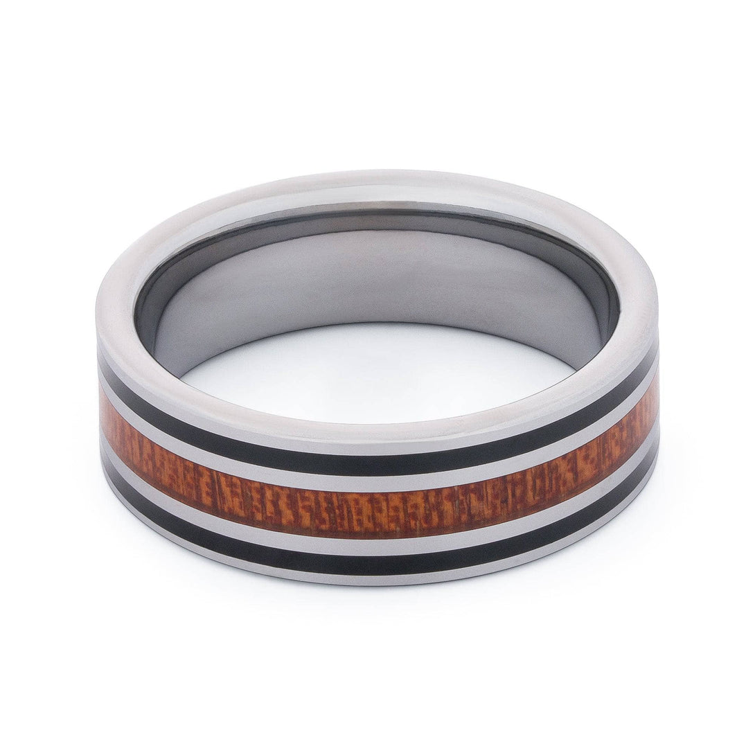 Polished Tungsten Wedding Band w/ Flat Surface And Pear Wood