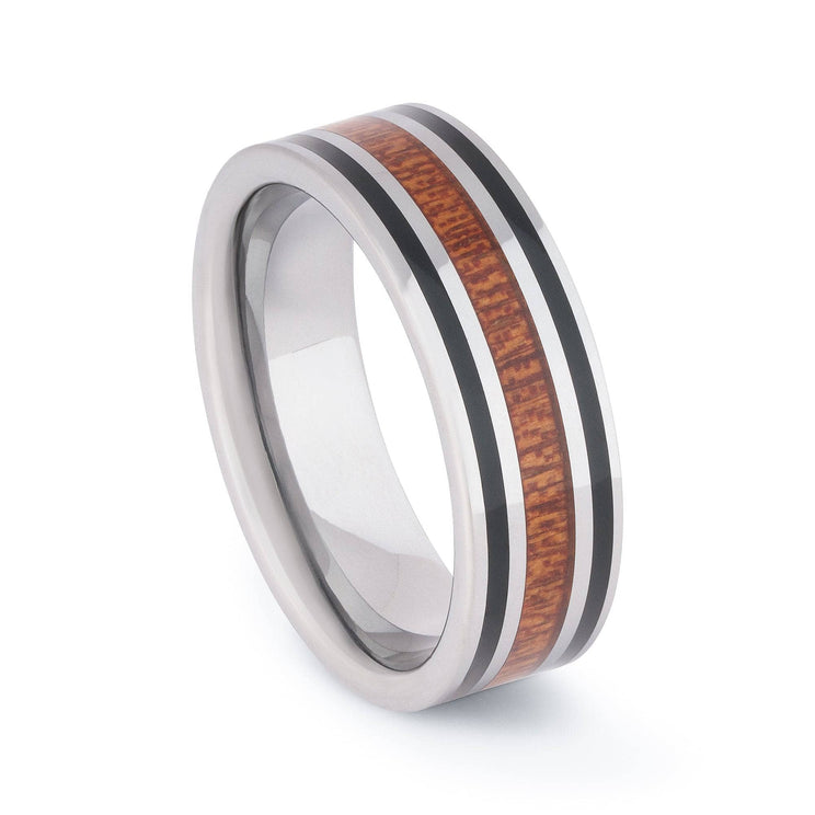 Tungsten Wedding Band With Pear Wood And Double Black Stripe 8MM