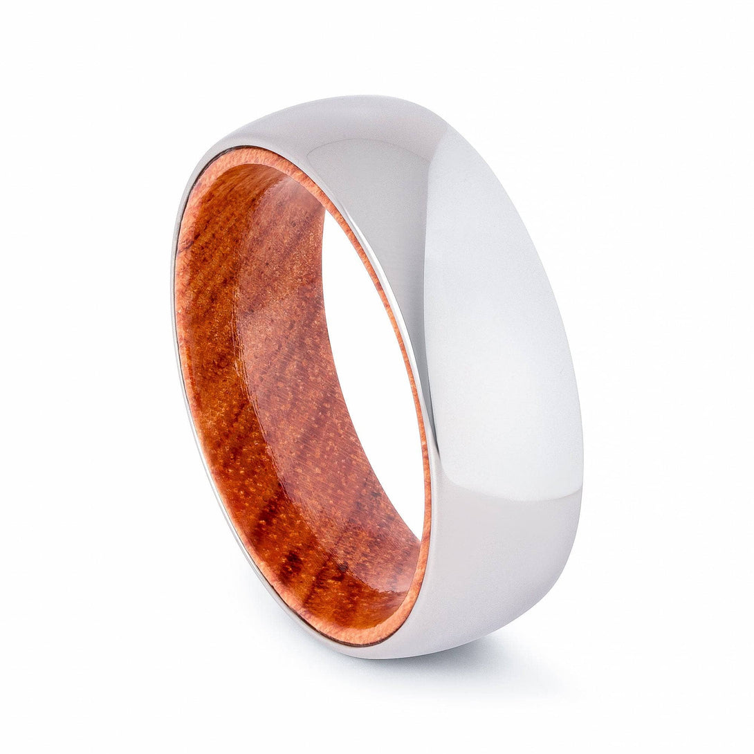 Polished Tungsten Wedding Band With African Padauk Wood Interior