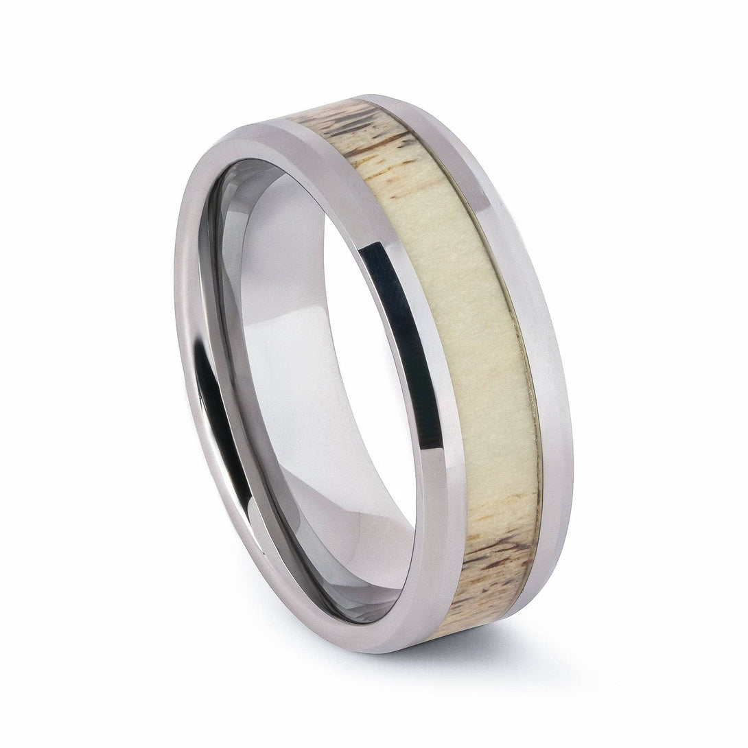 Polished Tungsten Wedding Band With Beveled Edges And Deer Antler