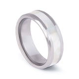 Polished Tungsten Wedding Band With Beveled Edges And Pearl Shell