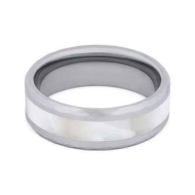 Polished Tungsten Wedding Band With Beveled Edges And Pearl Shell