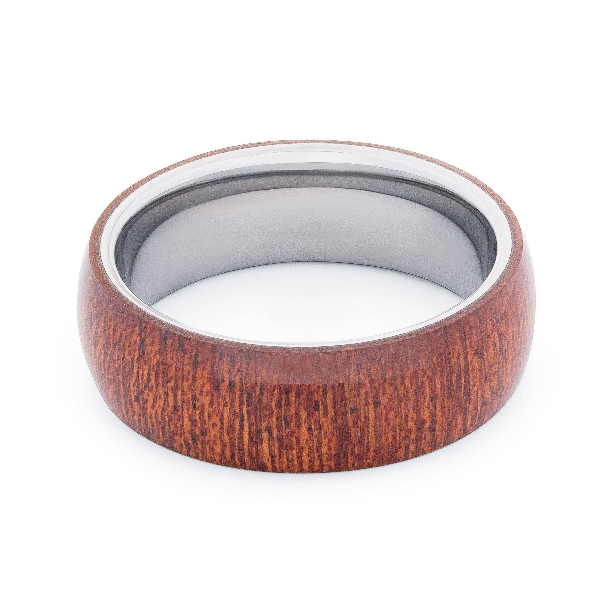 Polished Tungsten Wedding Band With Domed Dark Pear Wood Exterior