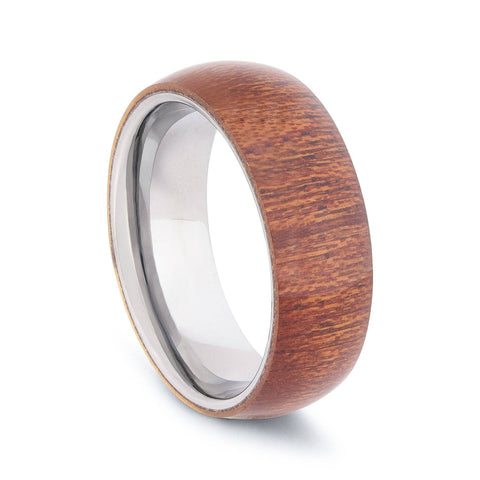 Polished Tungsten Wedding Band With Domed Dark Pear Wood Exterior