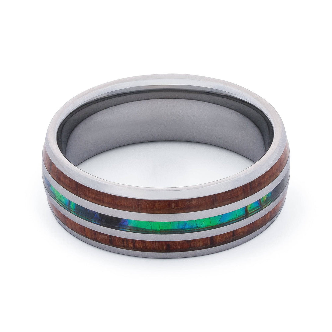 Polished Tungsten Wedding Band With Double Pear Wood And Shell