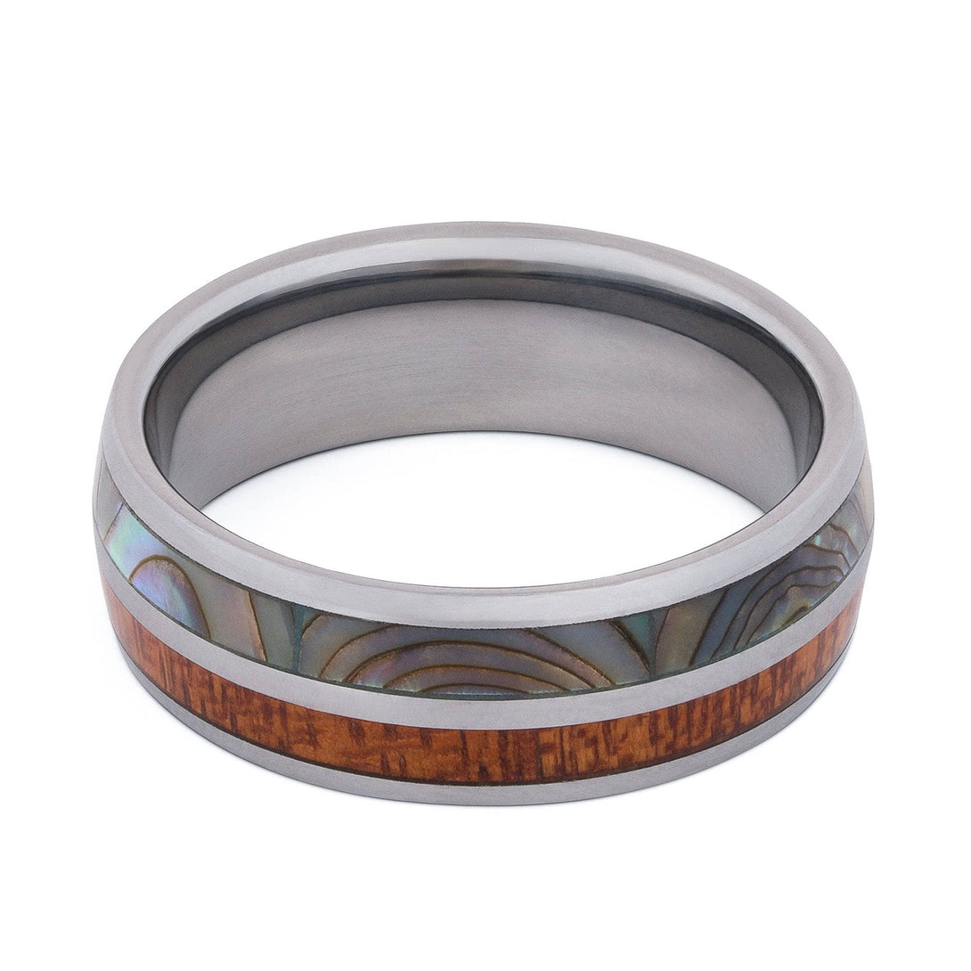 Polished Tungsten Wedding Band With Pear Wood And Shell