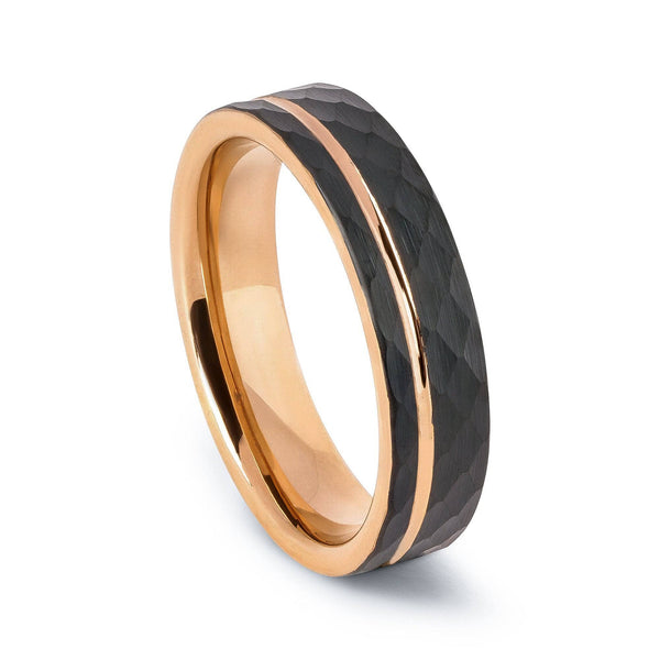 Rose Gold Hammered Tungsten Wedding Band With Black Surface 6MM