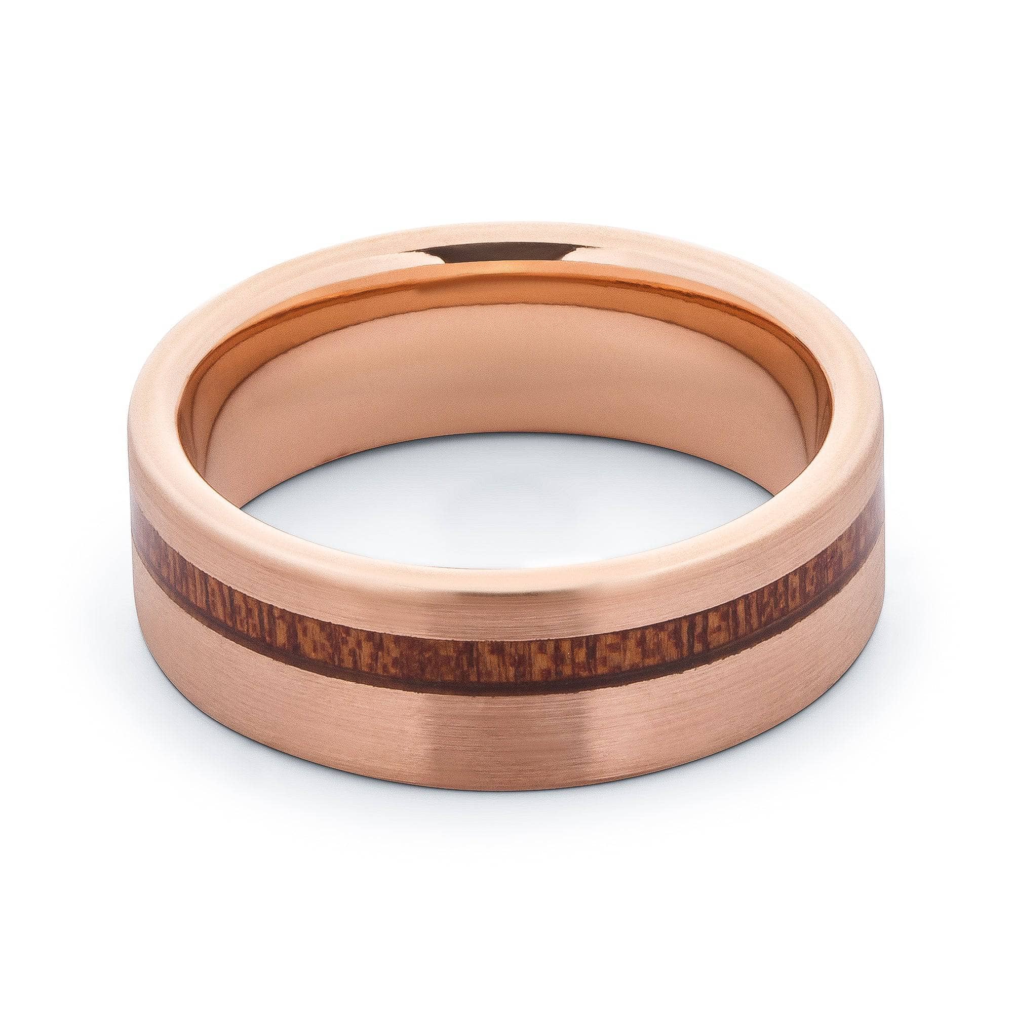Rose Gold Tungsten Wedding Band With Flat Surface And Pear Wood