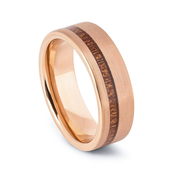 Rose Gold Tungsten Wedding Band With Flat Surface And Pear Wood