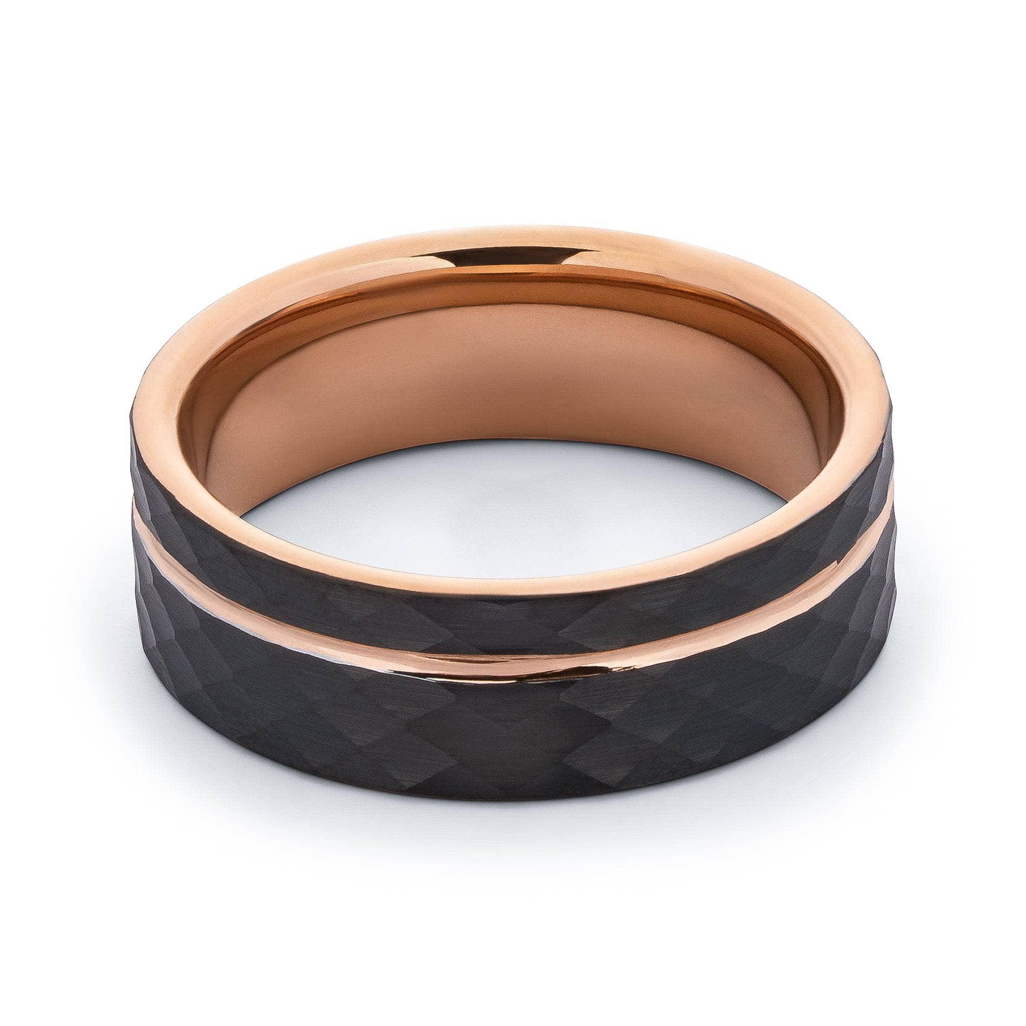Rose Gold Tungsten Wedding Band With Hammered Black Surface