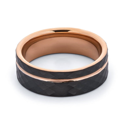 Rose Gold Tungsten Wedding Band With Hammered Black Surface