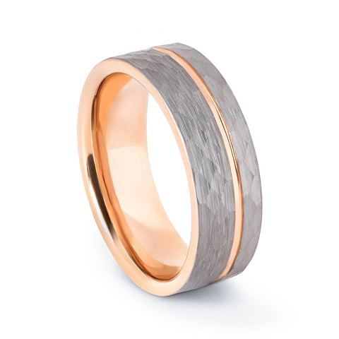 Rose Gold Tungsten Wedding Band With Hammered Tungsten Design