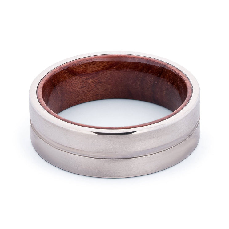 Titanium Wedding Band With Center Groove And African Padauk Wood 8MM