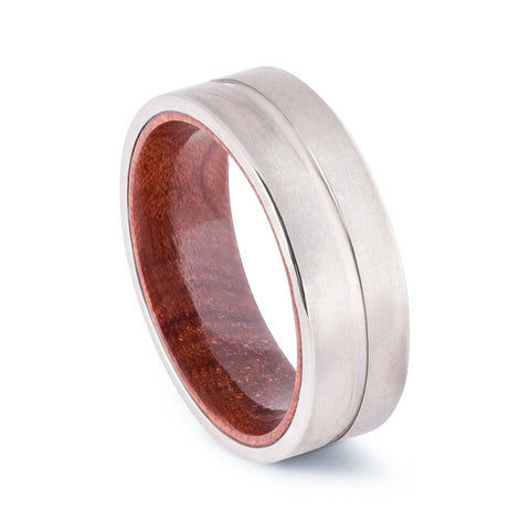 Titanium Wedding Band With Center Groove And African Padauk Wood