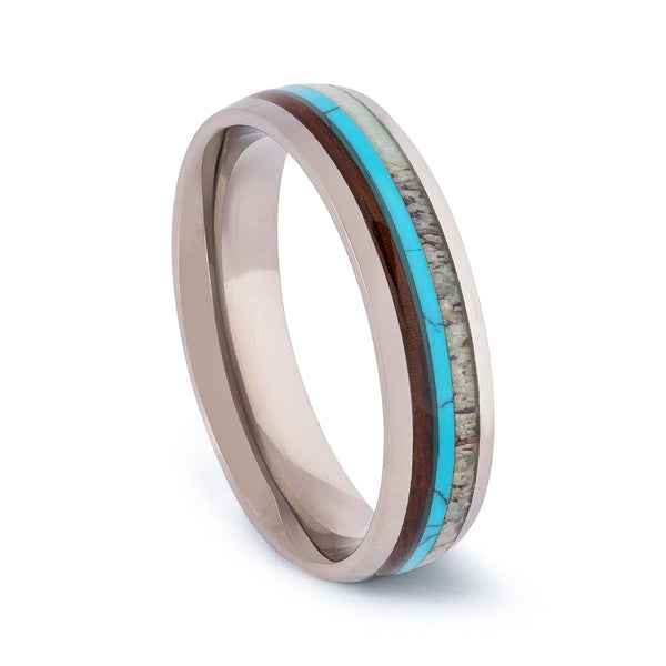 Titanium Wedding Band With Deer Antler And Chestnut Wood with Turquoise 6MM