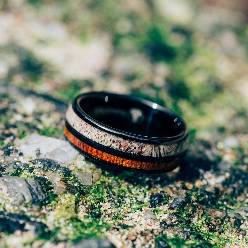 Black Tungsten Wedding Band With Deer Antler And Pear Wood