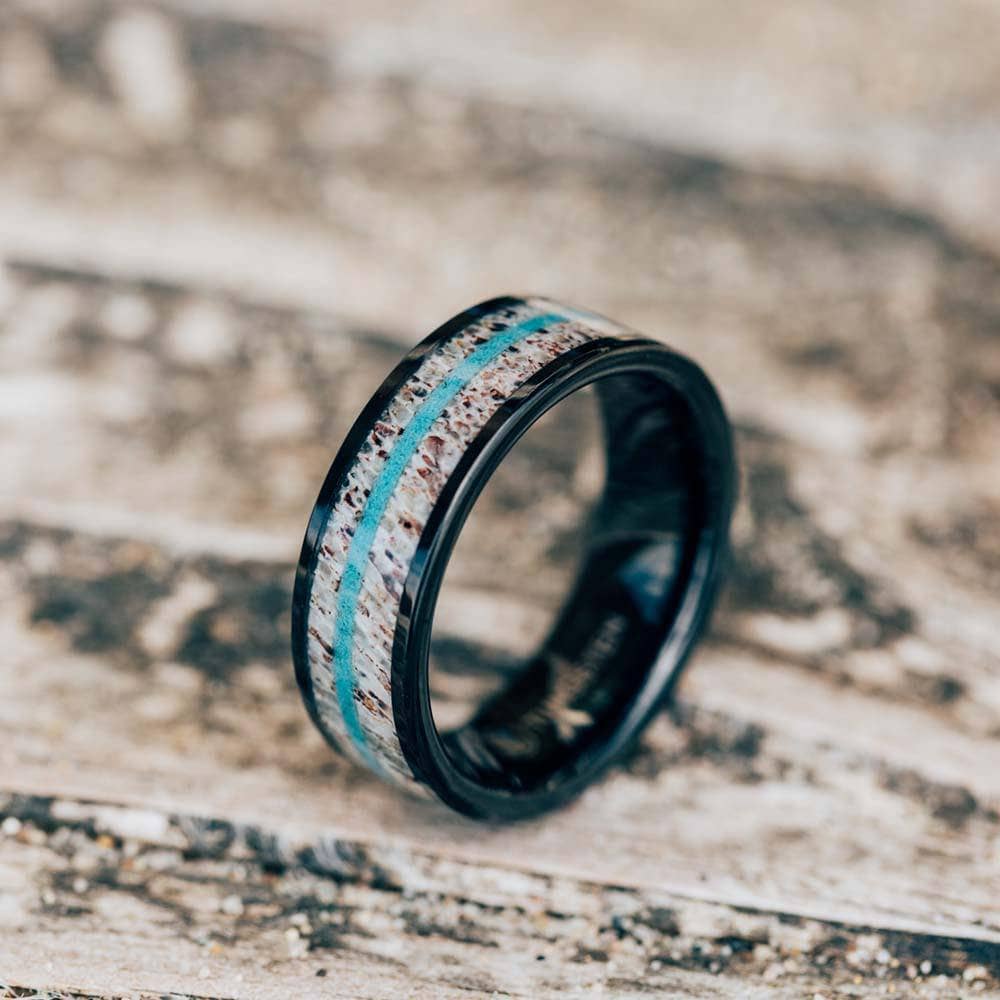 Black Tungsten Wedding Band With Deer Antler And Turquoise