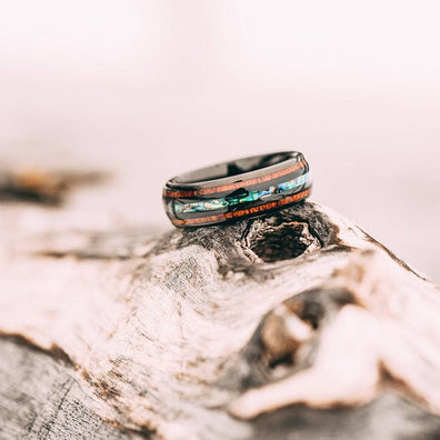 Black Tungsten Wedding Band With Double Pear Wood And Shell