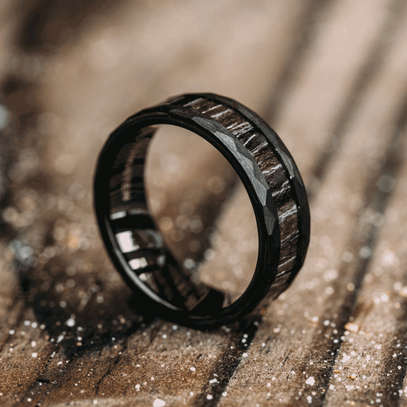 Hammered Black Tungsten Wedding Band With Black Apricot Wood