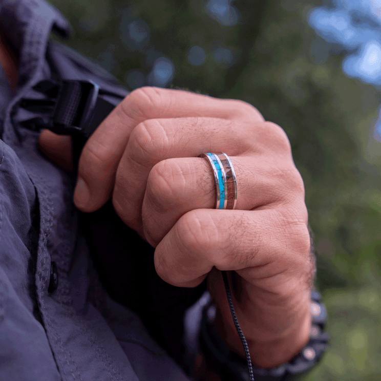 Titanium Wedding Band With Turquoise and Pear Wood 8MM