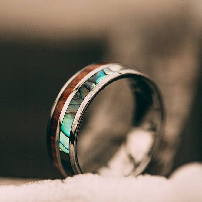 Polished Tungsten Wedding Band With Pear Wood And Shell